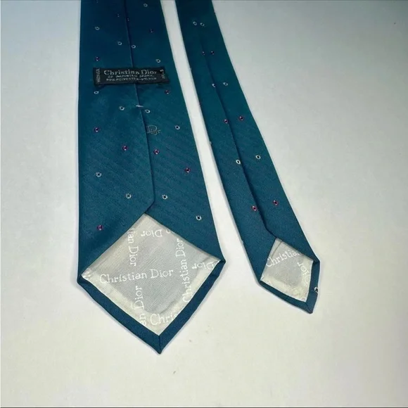 Vintage DIOR Embroidered Signature Polka Dotted Teal Classic Tie